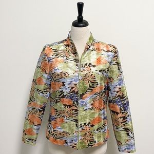 Silkland Floral Full Zip Up Pleated Jacket Large Brown Peach Green Orange EUC